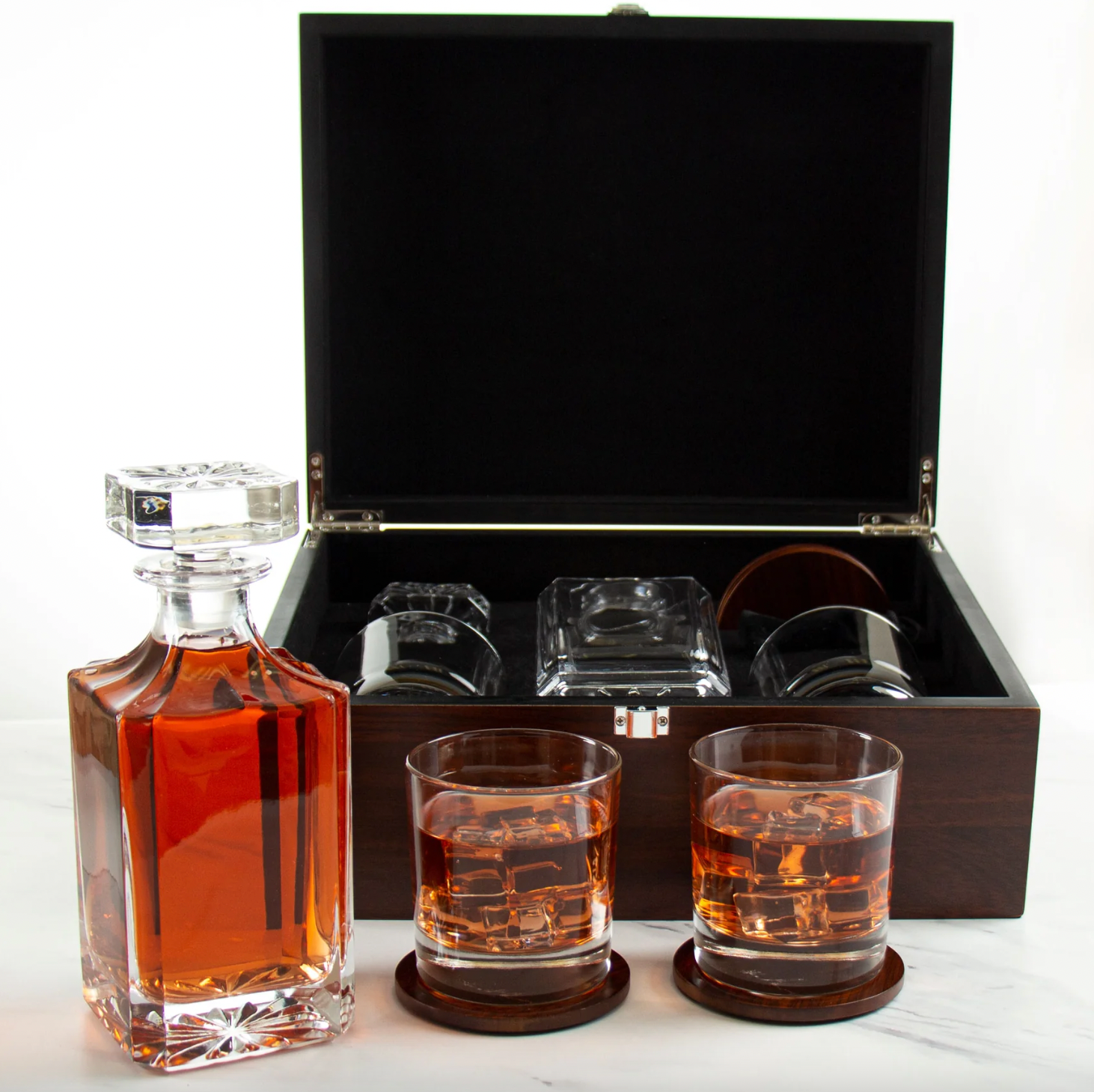 Hardwood Wooden Whiskey Glass Box Set with 2 Glasses & Decanter Ryan